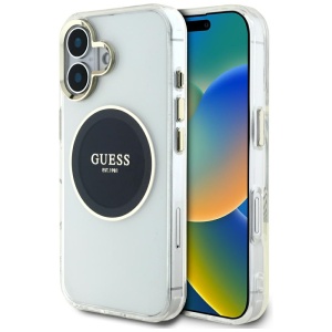 Husa pentru iPhone 16, IML Metal Colored Circle MagSafe, Guess, Negru