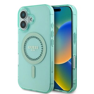 Husa pentru iPhone 16 Plus, IML Rhinestones MagSafe, Guess - Verde