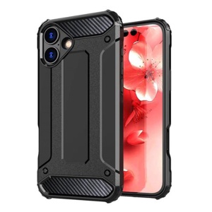 Husa pentru iPhone 16 Plus, SKYDDAR INNOVATION, Hybrid Armor, din Plastic Dur, Margini Cauciucate, Antisoc, Negru, set cu sticker