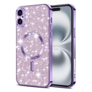 Husa pentru iPhone 16, SKYDDAR INNOVATION, Luxury Glitter Magsafe, Antisoc, Fundal Detasabil 2-in-1, Protectie Superioara, Margini Ridicate, Mov deschis, set cu sticker