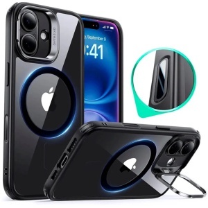 Husa pentru iPhone 16, slim, ESR Classic Hybrid HaloLock Kickstand, Negru/transparenta