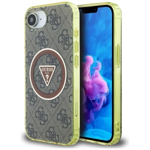 Husa pentru iPhone 16e, IML Metal Glitter 4G Circle Triangle MagSafe, Guess, Maro