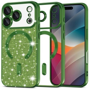 Husa pentru iPhone 17 Pro, SKYDDAR INNOVATION, Luxury Glitter Magsafe, Antisoc, Fundal Detasabil 2-in-1, Margini Ridicate, set cu sticker, Verde