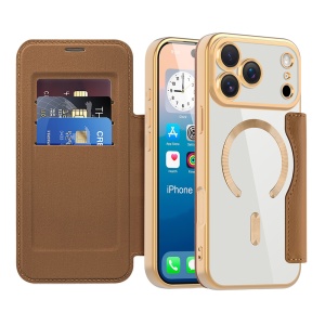 Husa pentru iPhone 17 Pro tip carte, SKYDDAR INOVATION, SmartMag Book, Magsafe, RFiD, Suport Carduri, set cu sticker, Maro