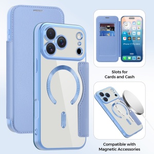 Husa pentru iPhone 17 Pro tip carte, SKYDDAR INOVATION, SmartMag Book, Magsafe, RFiD, Suport Carduri, set cu sticker, Bleu - Img 3