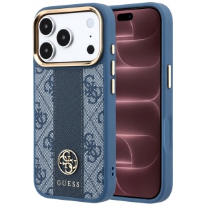 Husa pentru iPhone 18 Pro Max / iPhone 17 Pro Max - Guess Leather 4G Stripe Round Classic Logo MagSafe - Blue