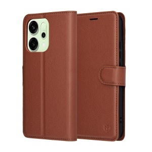 Husa pentru Oppo Reno14, SKYDDAR INNOVATION, Leather Folio tip Carte, cu Portofel Interior, Finisaje Premium, set cu sticker, Maro