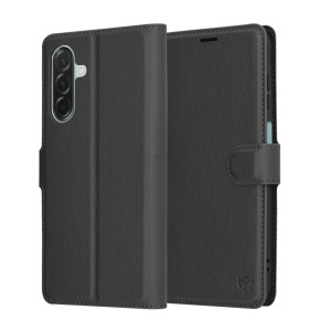 Husa pentru Samsung Galaxy A26 5G, SKYDDAR INNOVATION, Leather Wallet, tip Carte, cu Portofel Interior, Finisaje Premium, Negru, set cu sticker