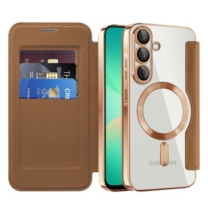 Husa pentru Samsung Galaxy A26 5G tip carte, SKYDDAR INOVATION, SmartMag Book, Magsafe, RFiD, Suport Carduri, set cu sticker, Maro