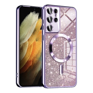 Husa pentru Samsung Galaxy S21 Ultra 5G, SKYDDAR INNOVATION, Luxury Glitter Magsafe, Antisoc, Fundal Detasabil 2-in-1, Margini Ridicate, set cu sticker, Mov deschis