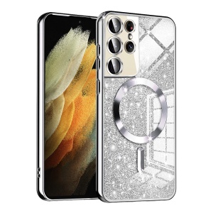 Husa pentru Samsung Galaxy S21 Ultra 5G, SKYDDAR INNOVATION, Luxury Glitter Magsafe, Antisoc, Fundal Detasabil 2-in-1, Margini Ridicate, set cu sticker, Argintiu