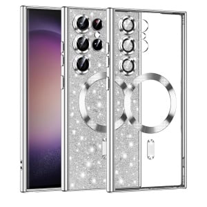 Husa pentru Samsung Galaxy S23 Ultra, SKYDDAR INNOVATION, Luxury Glitter Magsafe, Antisoc, Fundal Detasabil 2-in-1, Margini Ridicate, set cu sticker, Argintiu