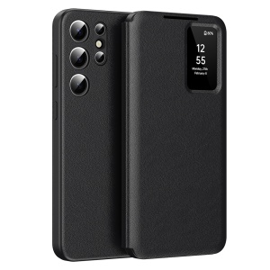 Husa pentru Samsung Galaxy S23 Ultra tip carte, Skyddar, cu portofel si SmartView, Premium, set cu sticker, Negru