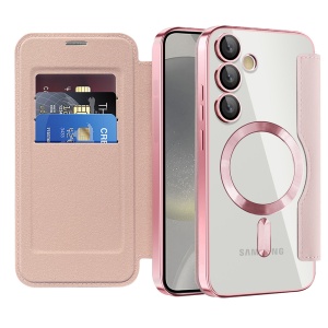 Husa pentru Samsung Galaxy S24 Plus tip carte, SKYDDAR INOVATION, SmartMag Book, Magsafe, RFiD, Suport Carduri, set cu sticker, Roz