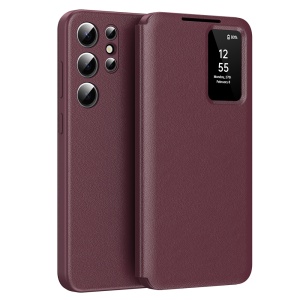 Husa pentru Samsung Galaxy S24 Ultra tip carte, Skyddar, cu portofel si SmartView, Premium, set cu sticker, Rosu