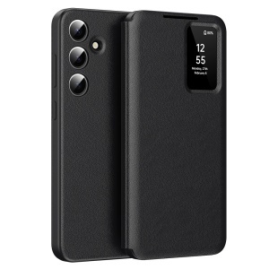 Husa pentru Samsung Galaxy S25 Plus tip carte, Skyddar, cu portofel si SmartView, Premium, set cu sticker, Negru
