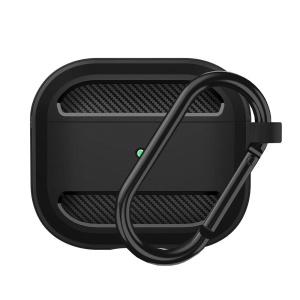 Husa Protectie pentru AirPods 3, din Fibra de Carbon Silicon, cu Breloc Carabina, Incarcare Wireless, EarSafe - Negru