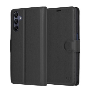 Husa Samsung Galaxy A15 5G, SKYDDAR INNOVATION, Leather Wallet, tip Carte, cu Portofel Interior, Finisaje Premium, Negru, set cu sticker