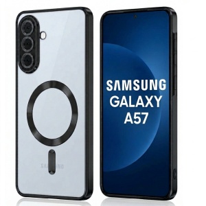 Husa Samsung Galaxy A57 5G cu protectie camera, Antisoc, MagSafe, set cu sticker, Skyddar Chrome, Negru