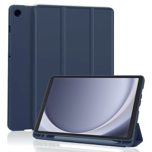 Husa tableta pentru Samsung Galaxy Tab A9, suport Pencil, functie Sleep/Wake, Flex Trifold, set cu sticker, Bleumarin