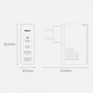 Incarcator 2x USB-C PD 100W, 2x USB-A QC3.0 with Cable Type-C to Type-C - Baseus (CCGAN2P-L01) - Black - Img 6