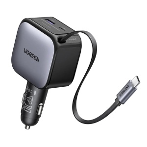 Incarcator pentru Masina, Cablu Retractabil USB, 2x Type-C, 60W, Ugreen EC602, Gri - Img 1
