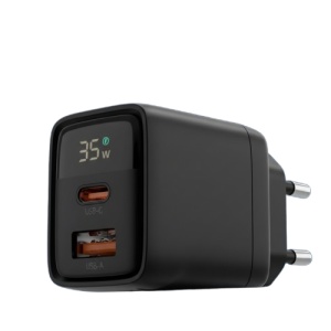 Incarcator Priza Fast Charging 35W, 1xUSB-A, 1xType-C, LED Display, SKYDDAR INNOVATION CH3, set cu sticker, Negru