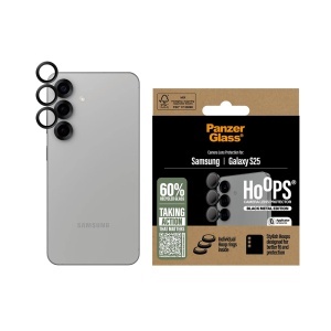 Protectie Camera pentru Samsung Galaxy S25, Hoops PanzerGlass®, cu Separare Optica, Sticla Securizata, Anti-Zgarieturi si Anti-Reflexie, Negru