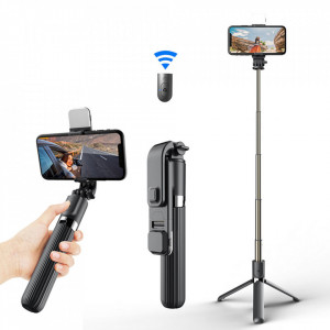 Selfie stick tip trepied cu telecomanda si Blit Led, 101cm, Techsuit (L0S3-BS) - Negru - Img 1