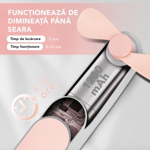 Ventilator Portabil Mini, de Poseta, de Birou, de Mana, Silentios, Pliabil, 1200mAh, SKDR NiniFan - Roz - Img 6