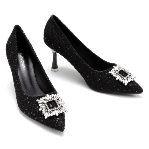 Pantofi dama cu toc stiletto, C.Paravano, catarama cristale, negru, 38