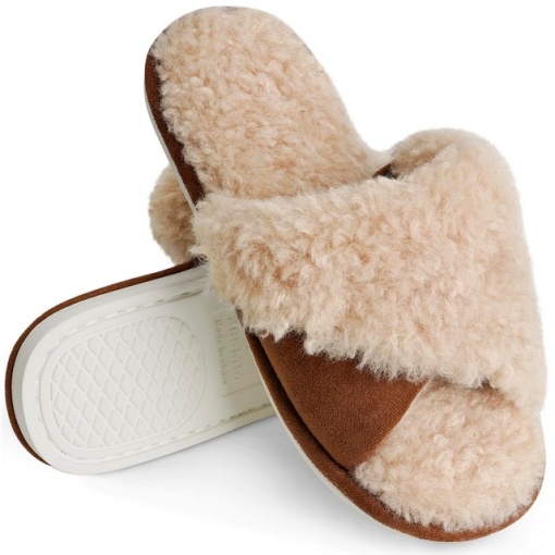 Papuci de plus confortabili cu vârful deschis, tip crossover, căptuseală caldă din fleece, antiderapanti pentru interior si exterior, maro, 37/38 EU