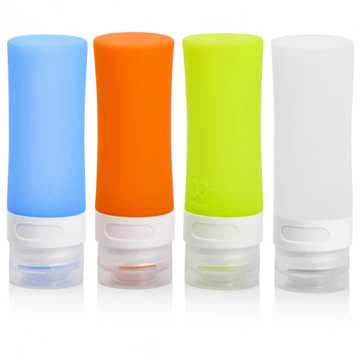 Set 4 bidoane din silicon, 60 ml, reîncărcabile pentru șampoane, loțiuni și articole de toaletă
