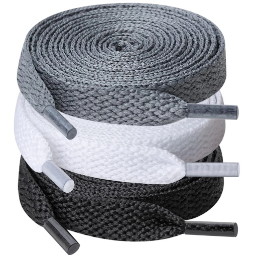Set 3 perechi șireturi gri, alb, negru, lățime de 8 mm pentru pantofi sport, 102 cm