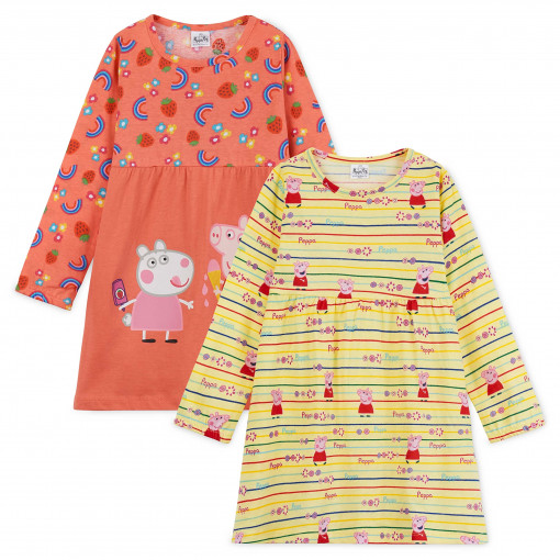 Set 2 Rochii Fete Peppa Pig cu Maneca Lunga 18-24 Luni, Galben Portocaliu