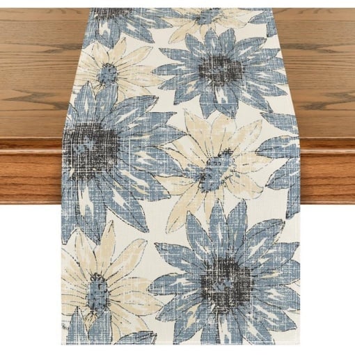 Traversa de masa model retro cu margarete albastre, 40x140 cm