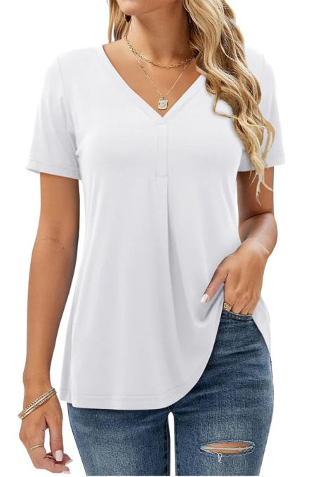 Bluza pentru femei cu mânecă scurtă, decolteu în V, alb, XXL