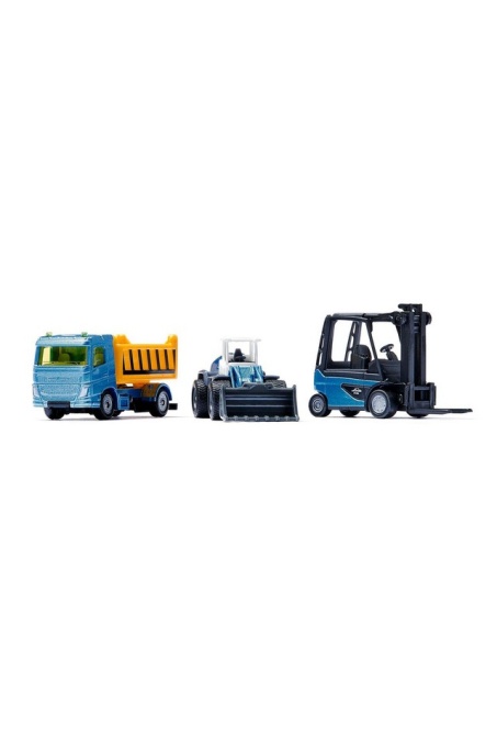 Set jucarie santier, camion, stivuitor, încărcător frontal, 6 paleti, 2 semne de circulatie, metal/plastic, galben/albastru, piese mobile