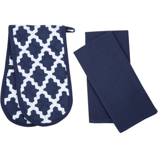 Set 1 mănușa dubla pentru cuptor 18 x 90cm si 2 prosoape 65 x 45 cm, Penguin Home, bleumarin