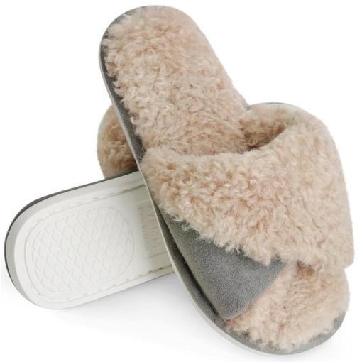 Papuci de plus confortabili cu vârful deschis, tip crossover, căptuseală caldă din fleece, antiderapanti pentru interior si exterior, gri, 38/39 EU