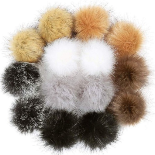 Set 14 pompoane din blană artificială cu bandă elastică pentru pălării, brelocuri, esarfe, mănusi, genti, accesorii