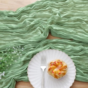 Aleer (runner) de masă, set 2 bucati, 90 x 300 cm, decorare boho modernă, pânză tifon (muselină) pentru nuntă, petrecere, verde salvie - Img 1