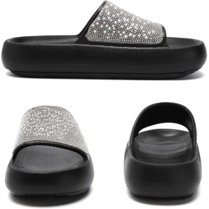 Papuci de vara pentru femei, Waysoland, cu stras, talpa groasa confortabila, negru, 38 EU - Img 4