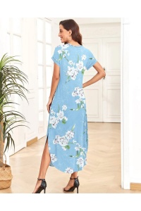 Rochie AUSELILY, maxi cu mânecă scurtă, cu gât rotund, cu buzunare, model floral, culoarea Albastru deschis, S - Img 3