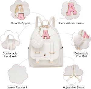 Rucsac mini pentru femei, design dragut cu pompon, alb murdar, litera A - Img 4