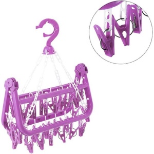 Suport uscare sosete cu 32 carlige, rezistent la vânt, pliabil, pentru balcon, violet - Img 7