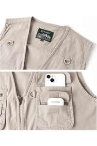 Vestă multifuncțională bărbați, tip Safari/Fotograf, 16 Buzunare, 100% Bumbac, Pescuit, Drumeții, bej, 4XL - Img 3