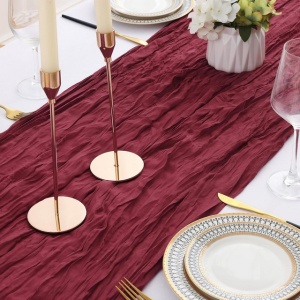 Aleer (runner) de masă, set 2 bucati, 90 x 300 cm, decorare boho modernă, pânză tifon (muselină) pentru nuntă, petrecere, rosu vin - Img 3