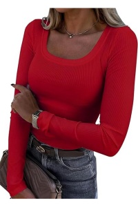 Bluză damă ribbed, mânecă lungă, Slim Fit, Guler Rotund, Top Casual Elegant, Rosu, L