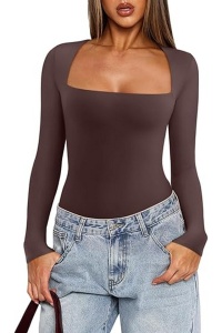 Body pentru femei cu mâneca lunga, croiala slim fit, captuseala, usor, stratificat, Cacao, M - Img 4